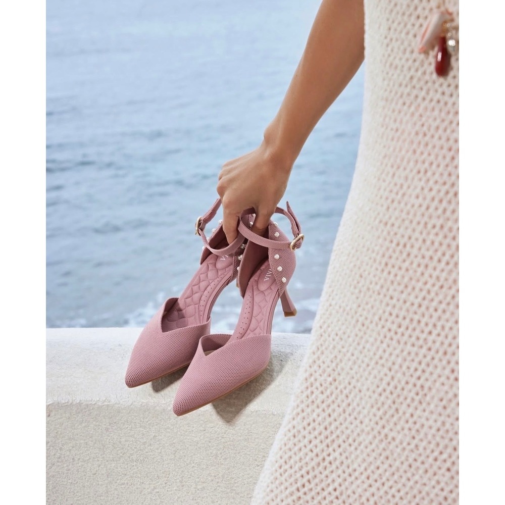 VIVAIA Pink Mesh Pearl Ankle Strap Heels Pointed Toe Stiletto Pumps EU/40 US/9‎